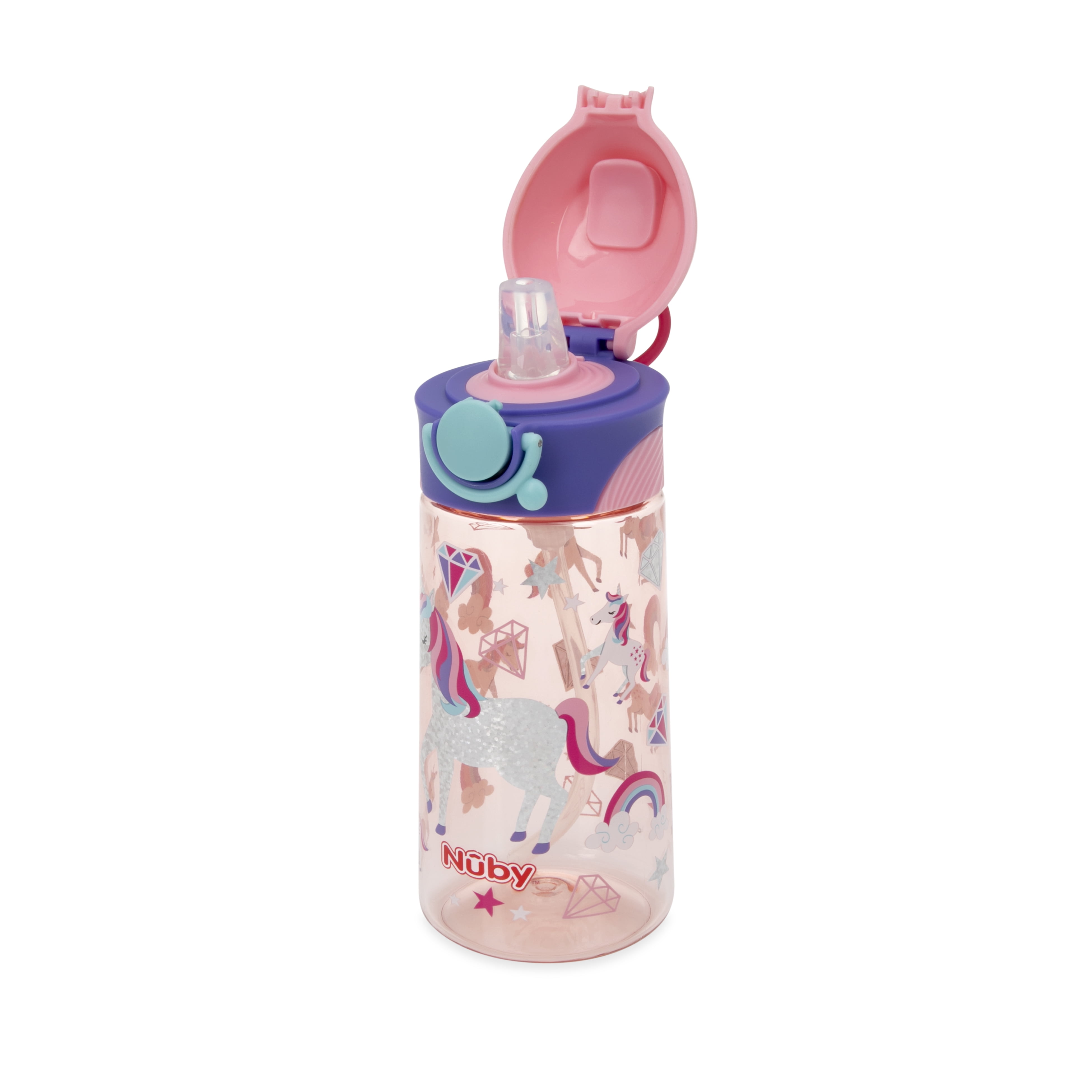 Nuby Thirsty Kids Flip-It Bolt Sport Spout Cup, 15 fl oz, Pink with Unicorns