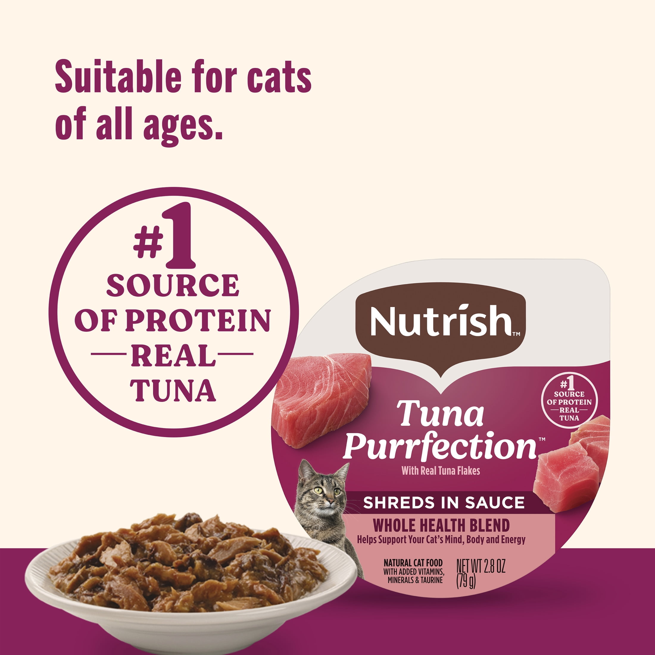 Nutrish Grain Free Wet Cat Food Tuna Purrfection Whole Health Blend with Real Tuna Flakes in a Savory Sauce, 2.8 oz. Cup (Rachael Ray)