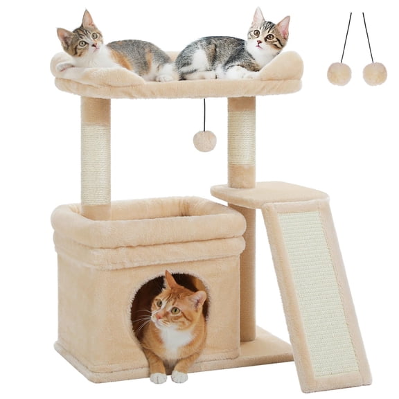 Generic, 25.6" Cat Tree for Small Medium Cats, Beige Cat Tower for Indoor Cats, with 2 Sisal Scratching Posts and Wide Scratch Pad, Cushioned Top Perch