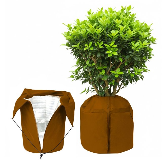 45x70cm Brown PP Plant Frost Protection Cover with Drawstring & Lock - Insulated Aluminum Lined Winter Shield for Small/Medium Shrubs, Potted Trees, Roses - Reusable Outdoor Plant Freeze Guard &
