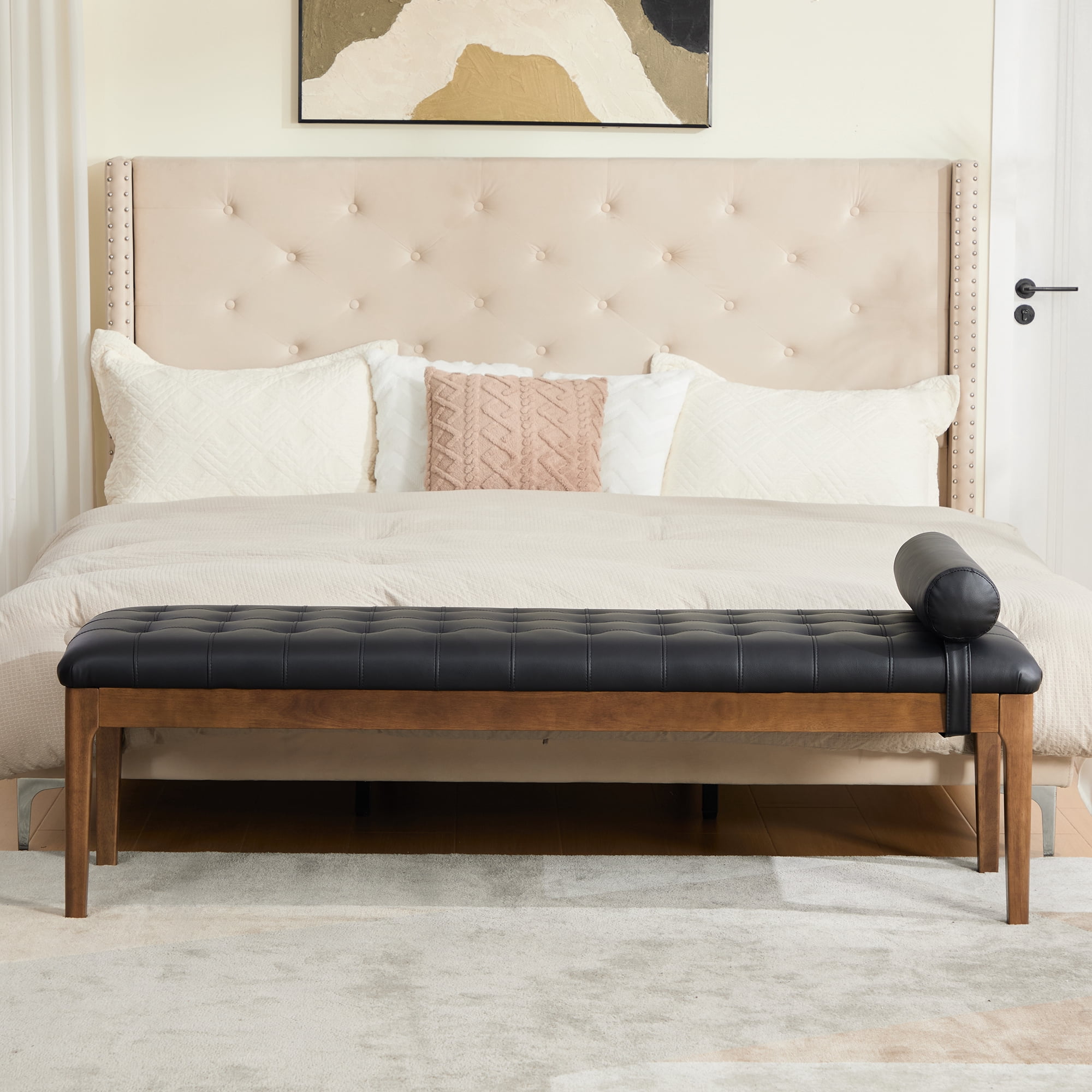 Aukfa 66" Upholstered Faux Leather Bedroom Bench with Button Tufted Design and Bolster Pillow,Solid Rubberwood,Black