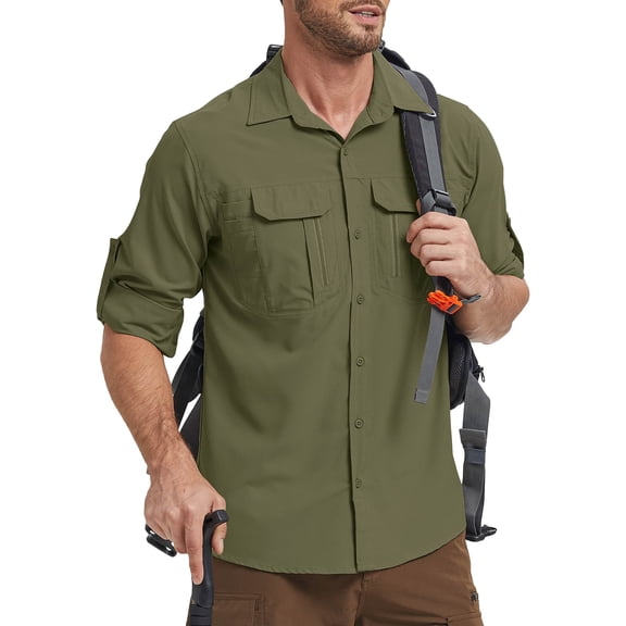 liyiyiyia Long Sleeve Hiking Fishing Shirts for Men Quick Dry Button Down Work Shirt Sun Protection UV UPF 50 Outdoor Safari Tops