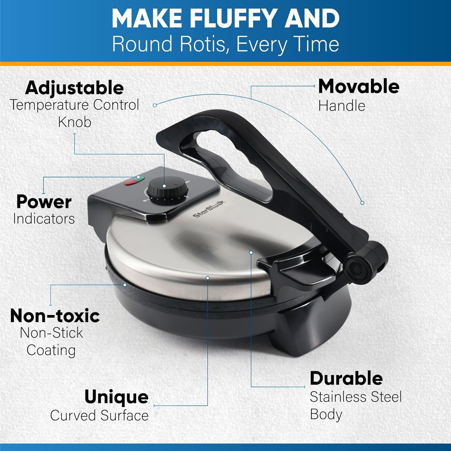 StarBlue Automatic Electric Stainless Steel Non-stick Roti Maker 10-inch