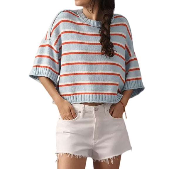 Women's Striped Crew Neck Drop Shoulder Short Sleeve Cropped Knit Sweater Blue S