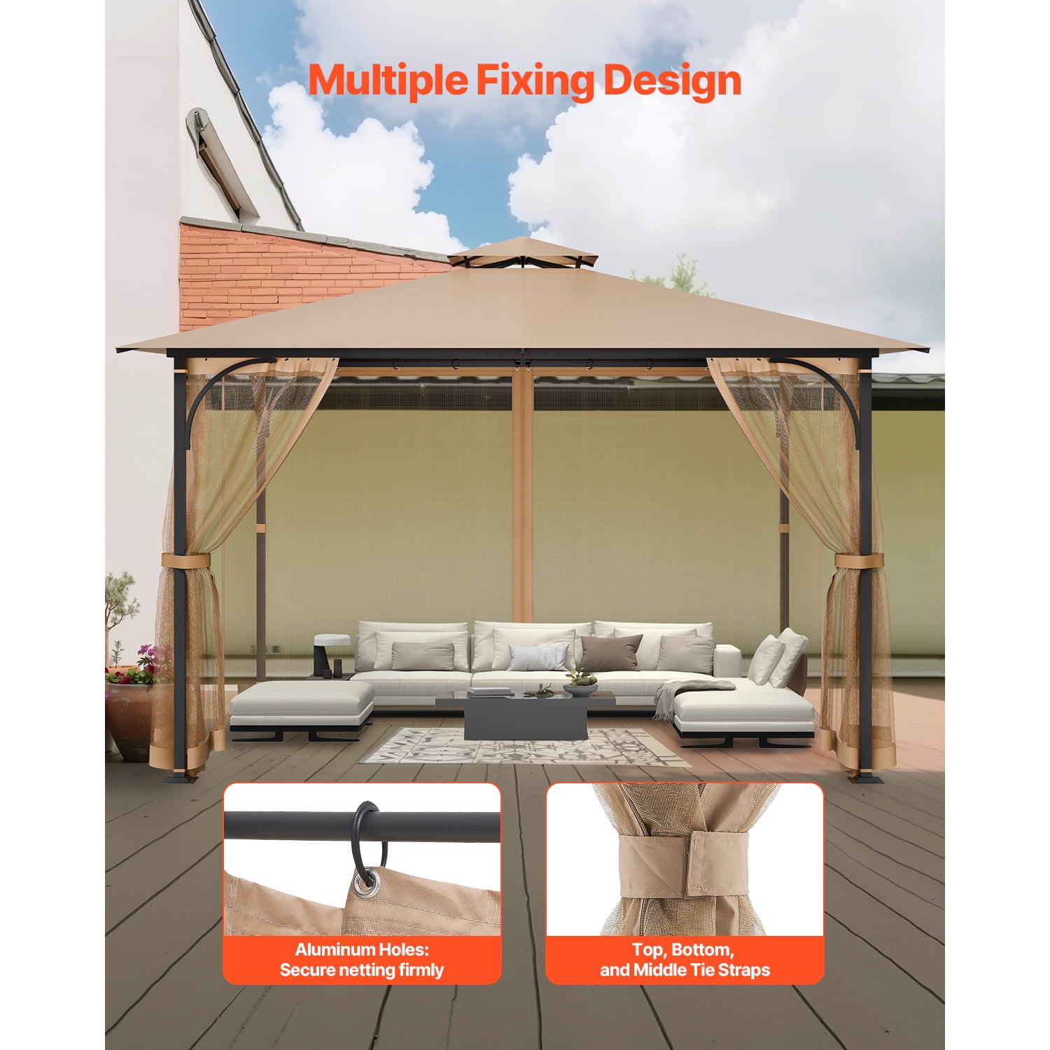 KFFKFF Gazebo Netting Replacement, Compatible with Most 10 x 12 x 7.3 FT Gazebos, Outdoor Mesh Sidewalls, 4-Panel Patio Curtain with Double Zipper, Protective Canopy Screen (Netting Only)