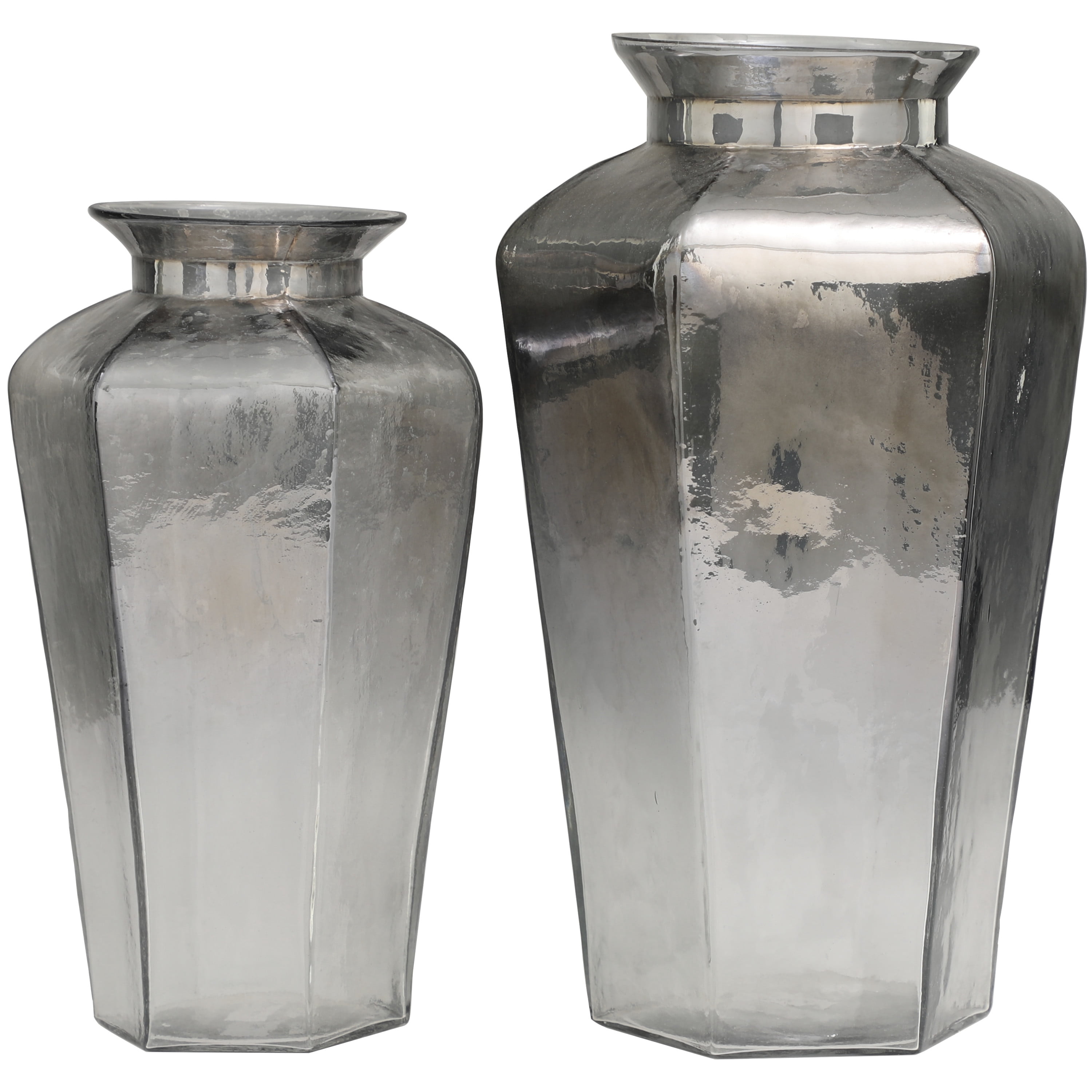 DecMode 13", 11"H Geometric Hexagon Gray Glass Vase, Set of 2