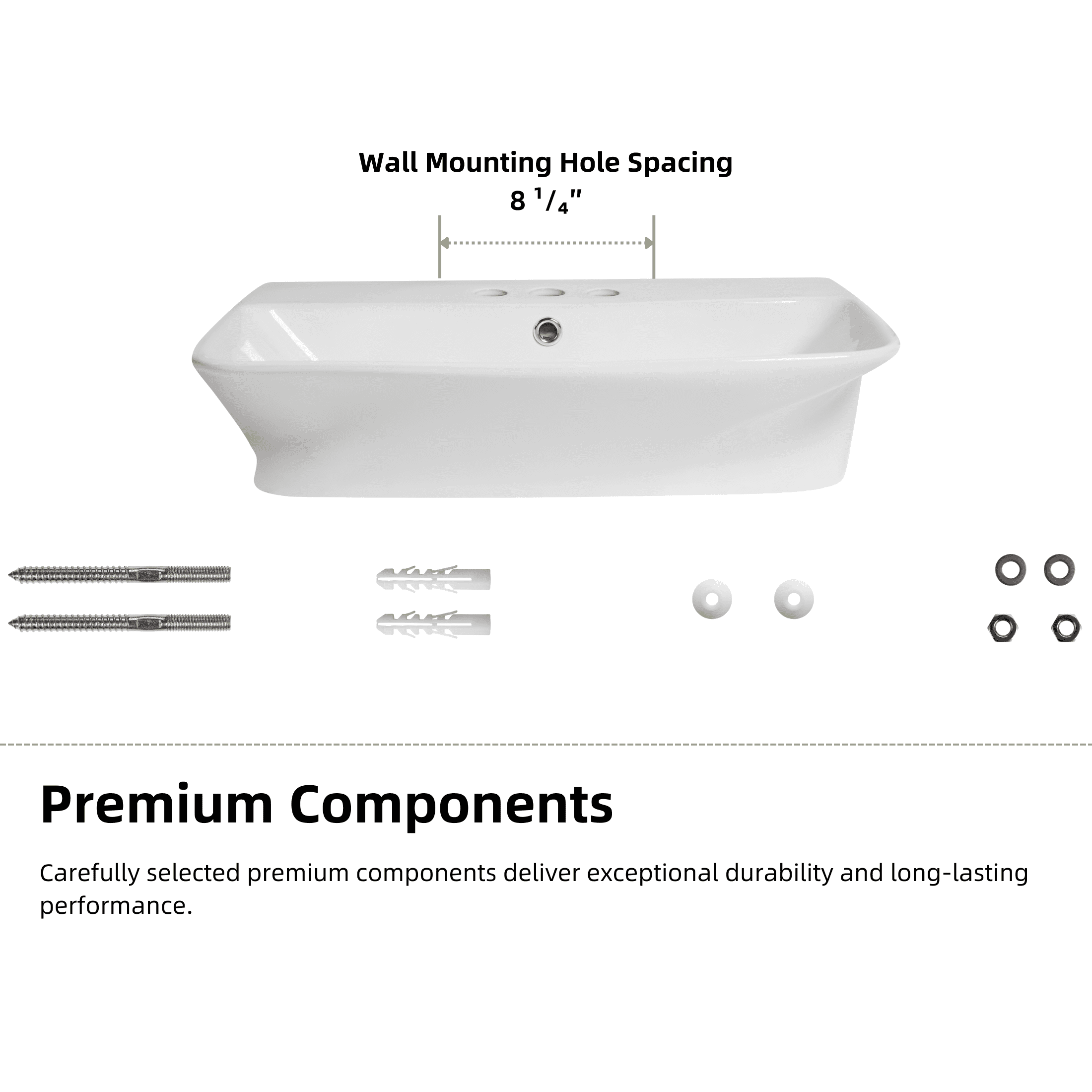 Los Flexi 24" x 17" White Ceramic Wall-Mount Bathroom Sink with Rear Overflow, 3 Pre-Drilled Holes, Widespread Faucet Compatible for Small Spaces