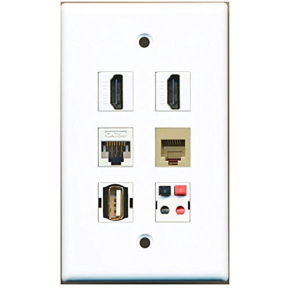 RiteAV - 2 HDMI 1 Port USB A-A 1 Port Phone RJ11 RJ12 Beige 1 Port Cat5e Ethernet White 1 Port Speaker Wall Plate