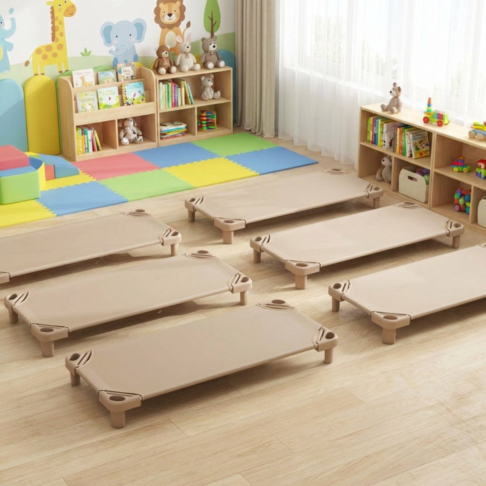 Furnibear Toddler Bed Kids Stackable Daycare Cot Pack of 6 with Detachable Oxford Cloth, Coffee