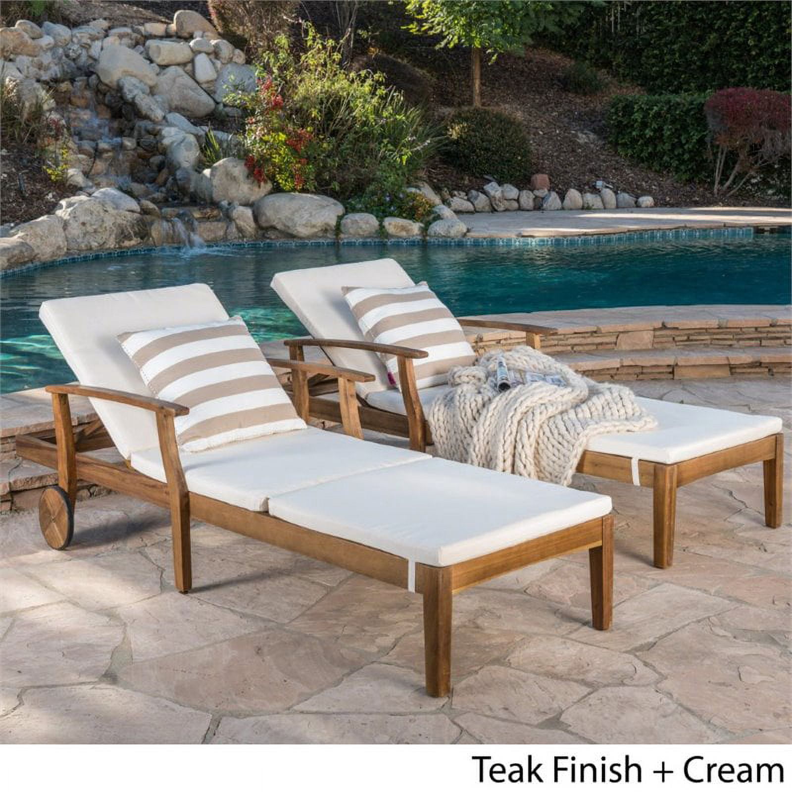 Mavis Outdoor Chaise Lounge With Cushion, Set of 2, Teak Finish, Cream