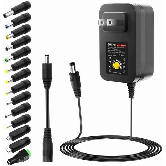 30W Universal Power Supply 3V 4.5V 5V 6V 7.5V 9V 12V Adjustable Variable AC/DC Adapter with 5V 2.1A USB Port, 100V-240V AC to DC 3V~12V Converter 0.5A 1A 1.2A 1.5A 2A 2.5A Max with 14 Tips