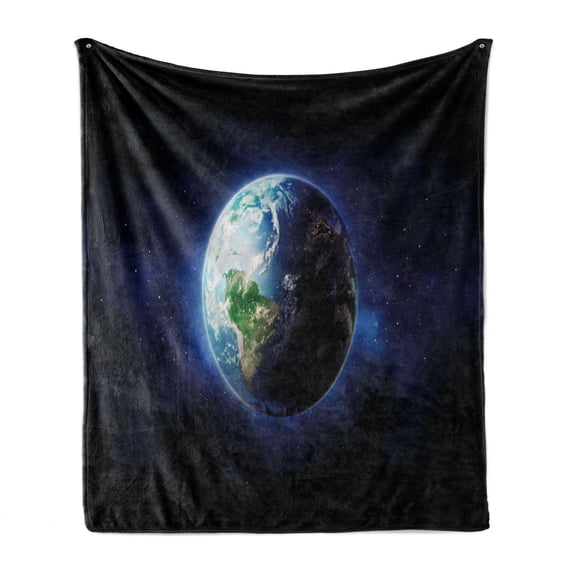 World Soft Flannel Fleece Throw Blanket, Starry Outer Space View with Planet Earth Calm Silent Universe Galaxy, Cozy Plush for Indoor and Outdoor Use, 70" x 90", Dark Blue Green White, by Ambesonne
