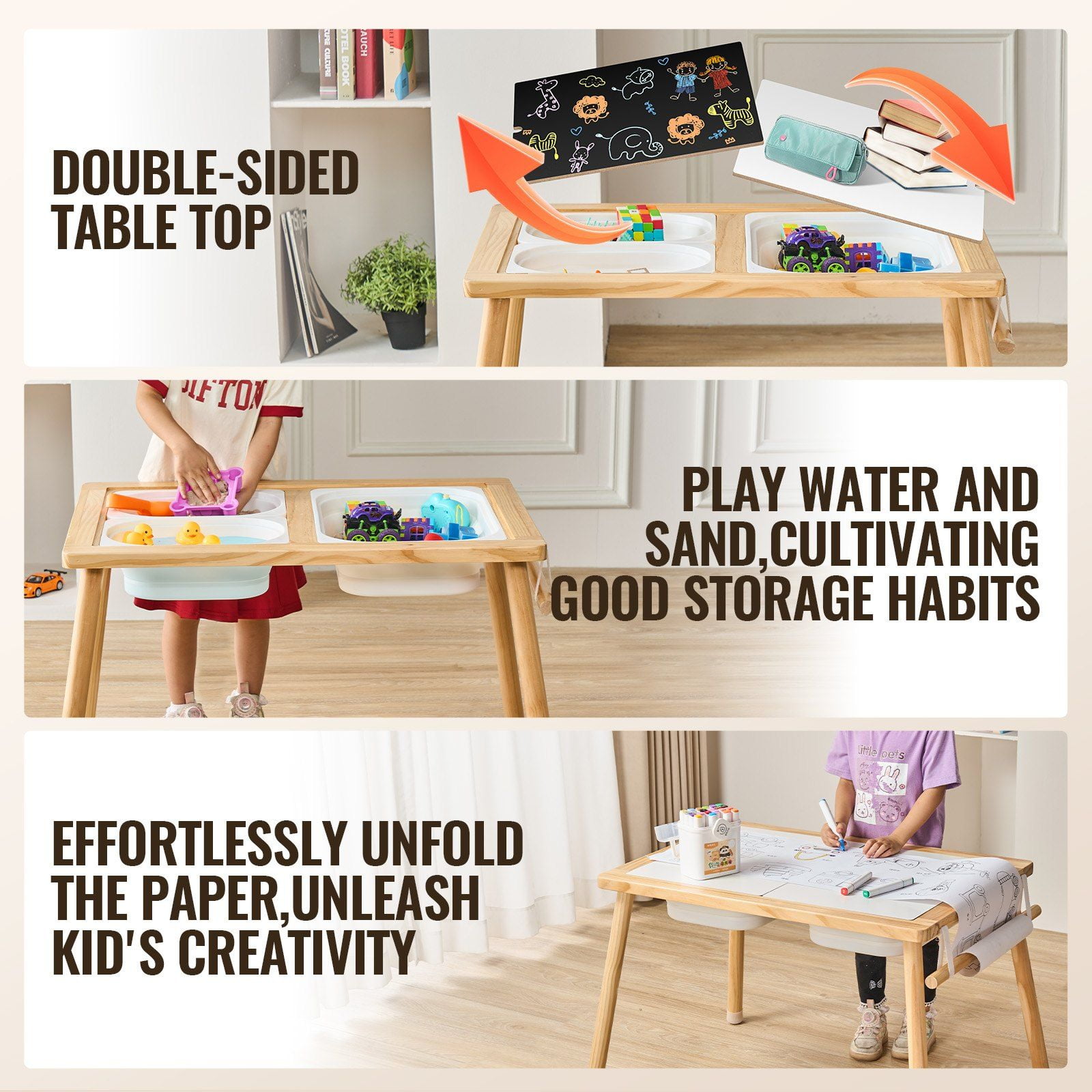 Sensory Table for Toddlers Kids Activity Table with 3 Foldable Storage Bins Paper Roll Holder Indoor Outdoor Play Sand Water Table Wooden Sensory Drawing Table Gift for Boys Girls