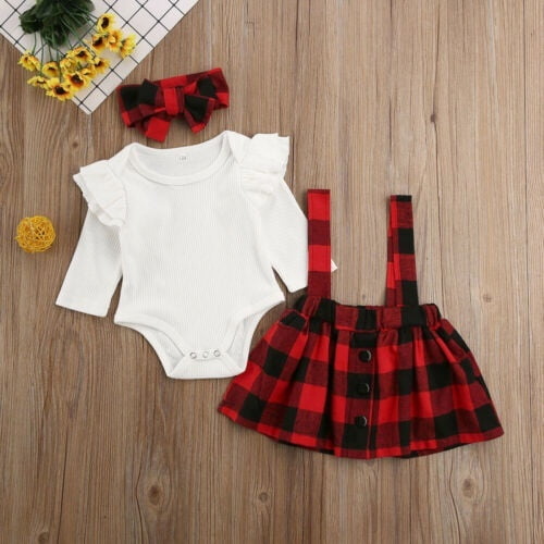 Headband Outfit Clothes Set Suspender Plaid Skirt 3PCS Newborn Baby Girls Dress Christmas Long Sleeve Romper