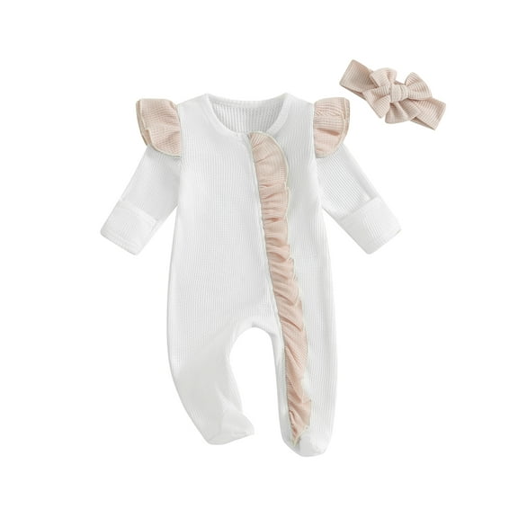 Elippeo Baby Girls Outfit, Long Sleeve Crew Neck Frills Zipped Contrast Color Footies Jumpsuit and Headband Fall Clothes 3 6 12 Months