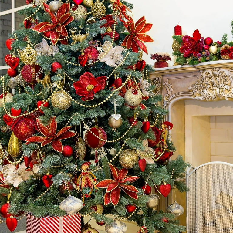 Christmas Tree Garland Beads - 50ft Artificial Pearl Bead Strands, 0.4" Diameter, Gold/Silver/Red/White For Xmas Decor