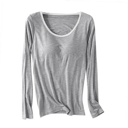 Padded Long Sleeve Tops for Women Built in Bra Pajamas Camisole Shirts Yoga Tops Casual Loose Round Neck Long Sleeve T-Shirt Blouses Cotton Sleepwear Gray XL