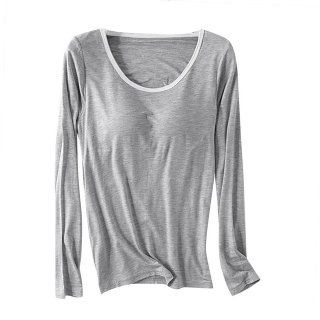 cfhntfmh Hauts à Manches Longues pour Femmes avec Soutien-Gorge Intégré Automne Col Rond Modal Chemises de Nuit Ajustées Basiques T-Shirt pour Femmes Vêtements de Nuit (Gris, Grand)