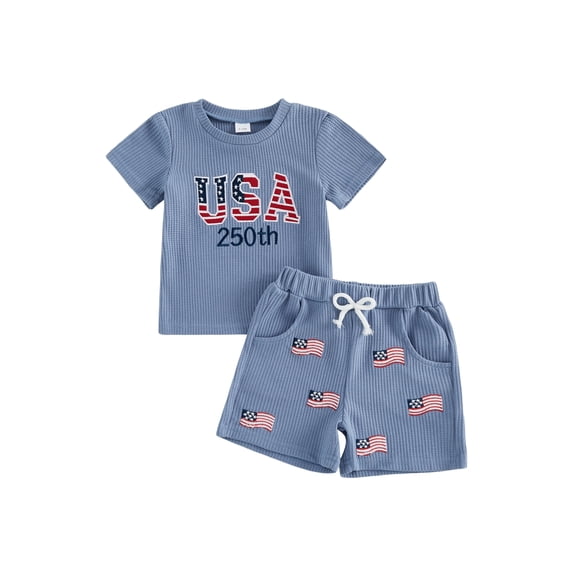 AceBaby 4th of July Toddler Baby Boys Summer Outfits 0-3T Letter Flag Embroidery 2Pcs Shorts Set