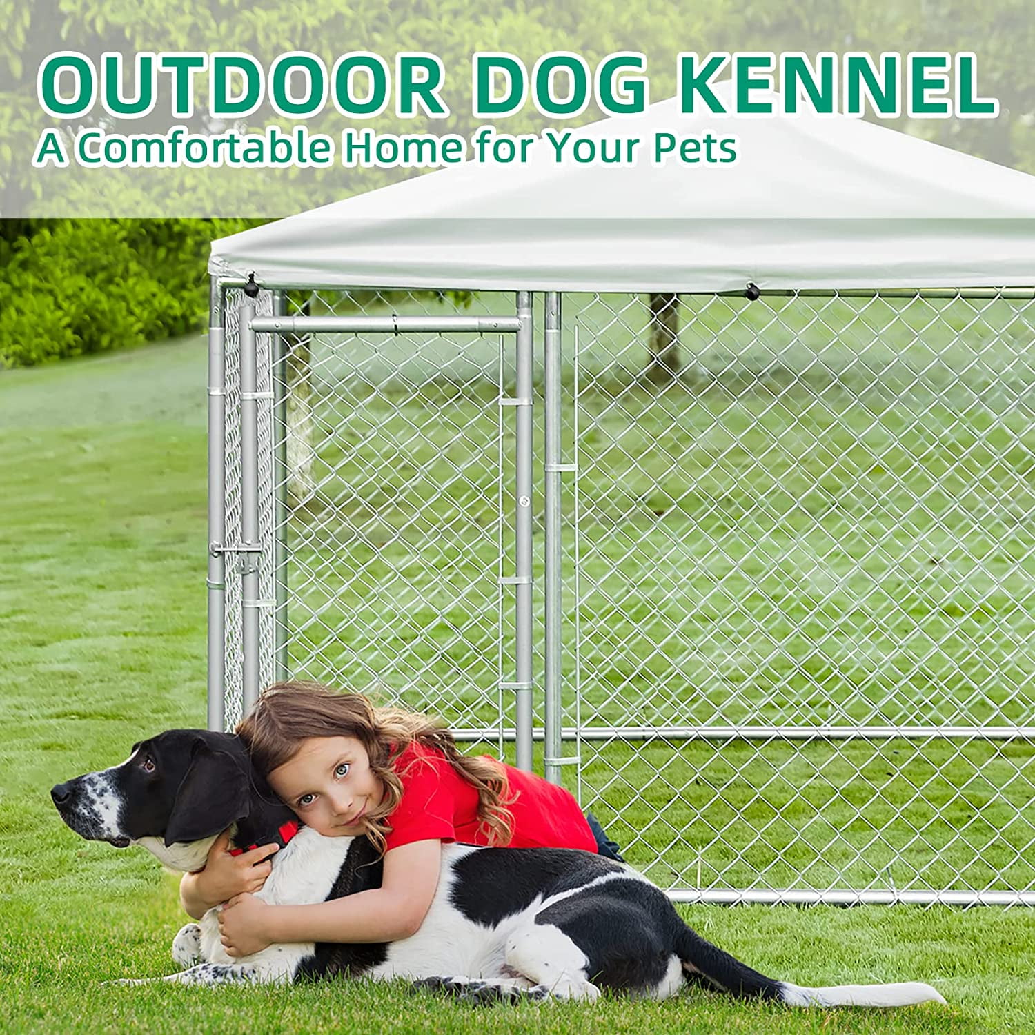 VIVIJASON Outdoor Large Dog Kennel Heavy Duty Fence Dog Cage with Galvanized Chain Link, Outside Pen Playpen Dog Run House with UV & Waterproof Cover and Secure Lock for Backyard