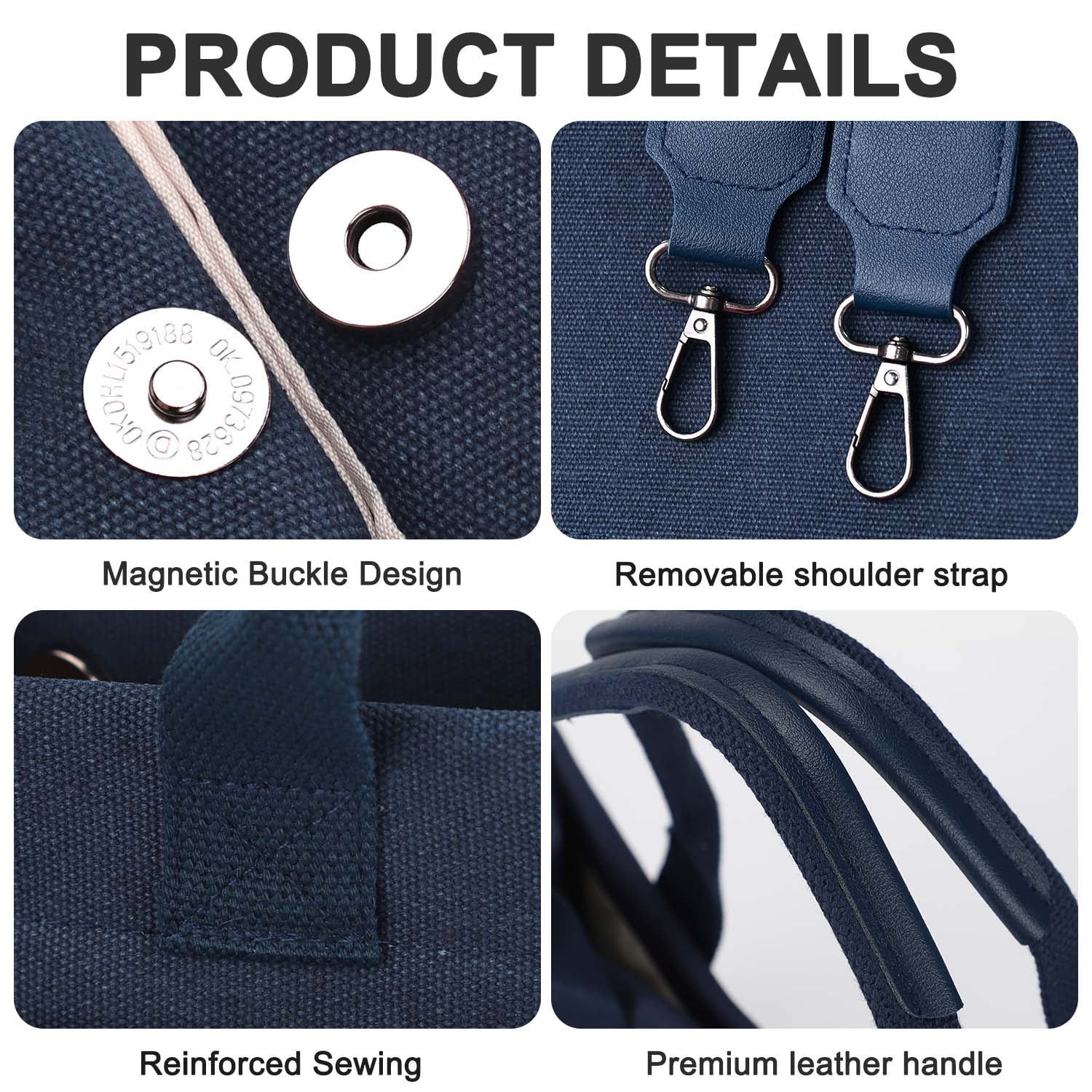 Gocvo Canvas Tote Bag for Women, Large Multi-Pocket Shoulder Handbag, Crossbody Messenger Bag, Dark Blue