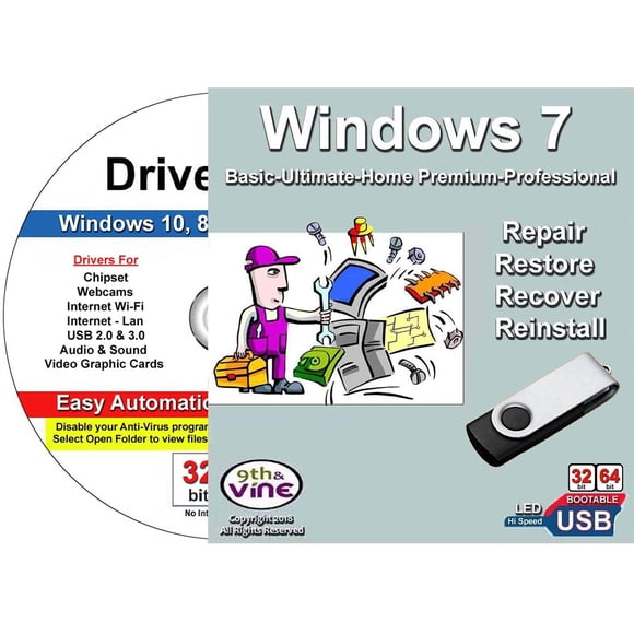 Windows 7 All Versions, Professional, Premium, Ultimate, Basic Repair Restore Recover & Re-install 32/64 USB Plus Windows Drivers Pack