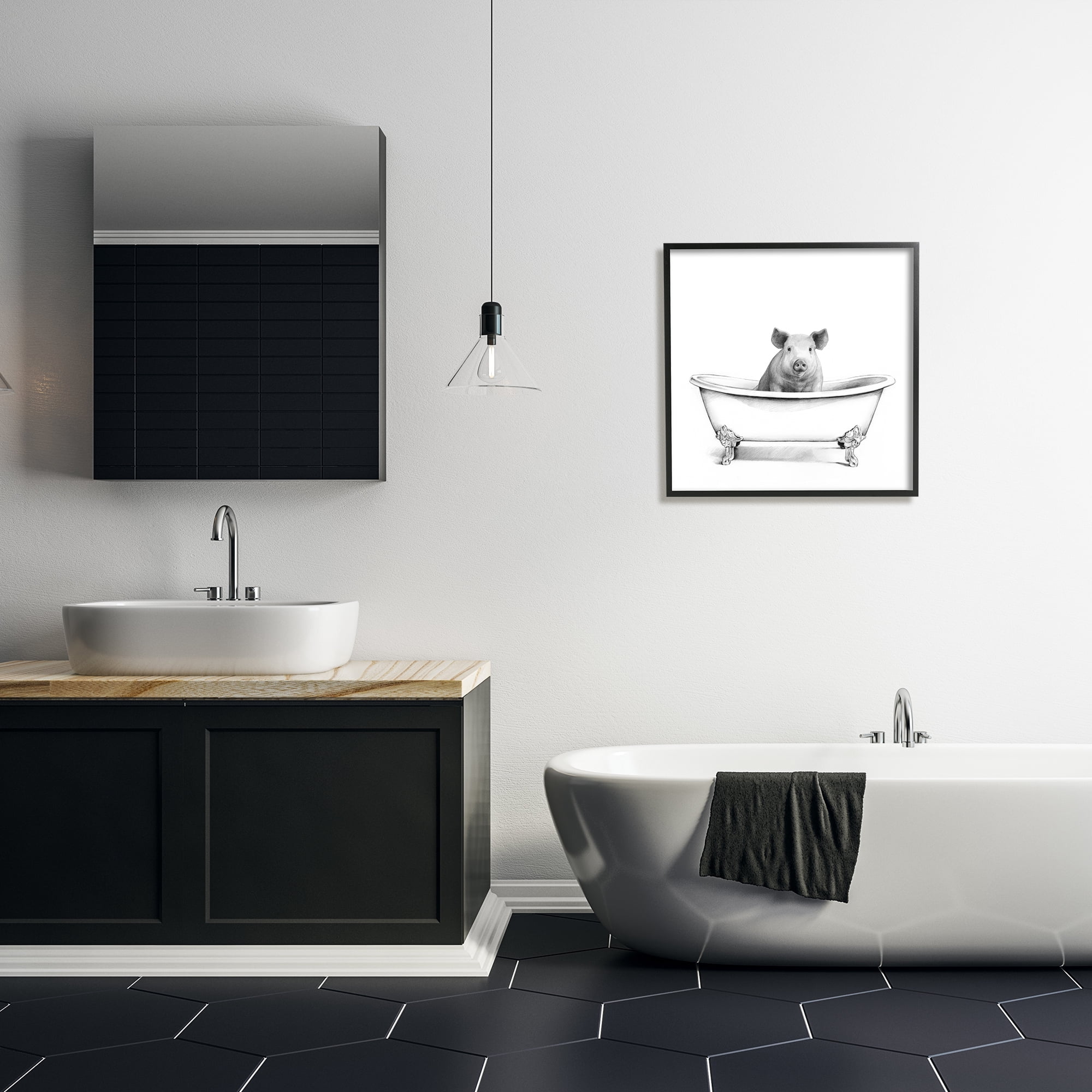 Stupell Industries Hog in Bath Tub Minimal Bathroom Sketch, 24 x 24,Design by Victoria Borges