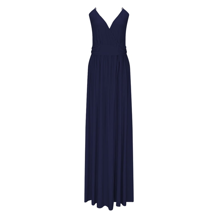 sexy casual long dresses Ecqkame Women's Summer Slip Long Dress Casual Sleeveless Sexy V Neck Spaghetti Straps Loose Dress Solid Color Cami Beach Dresses with Pocket Navy-A XXL