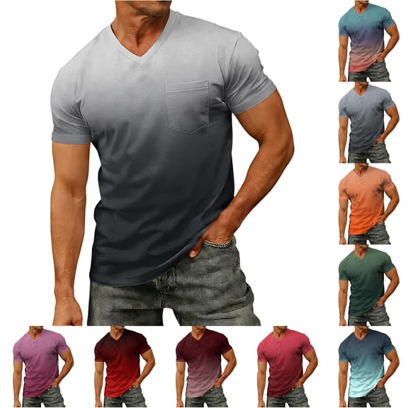 ZXLBBD Men T Shirts Short Sleeve Gradient Color V Neck Tee with Front Pocket Loose Breathable Beach Gym Workout Shirts Summer Outdoor Tshirts,Light Gray,6XL