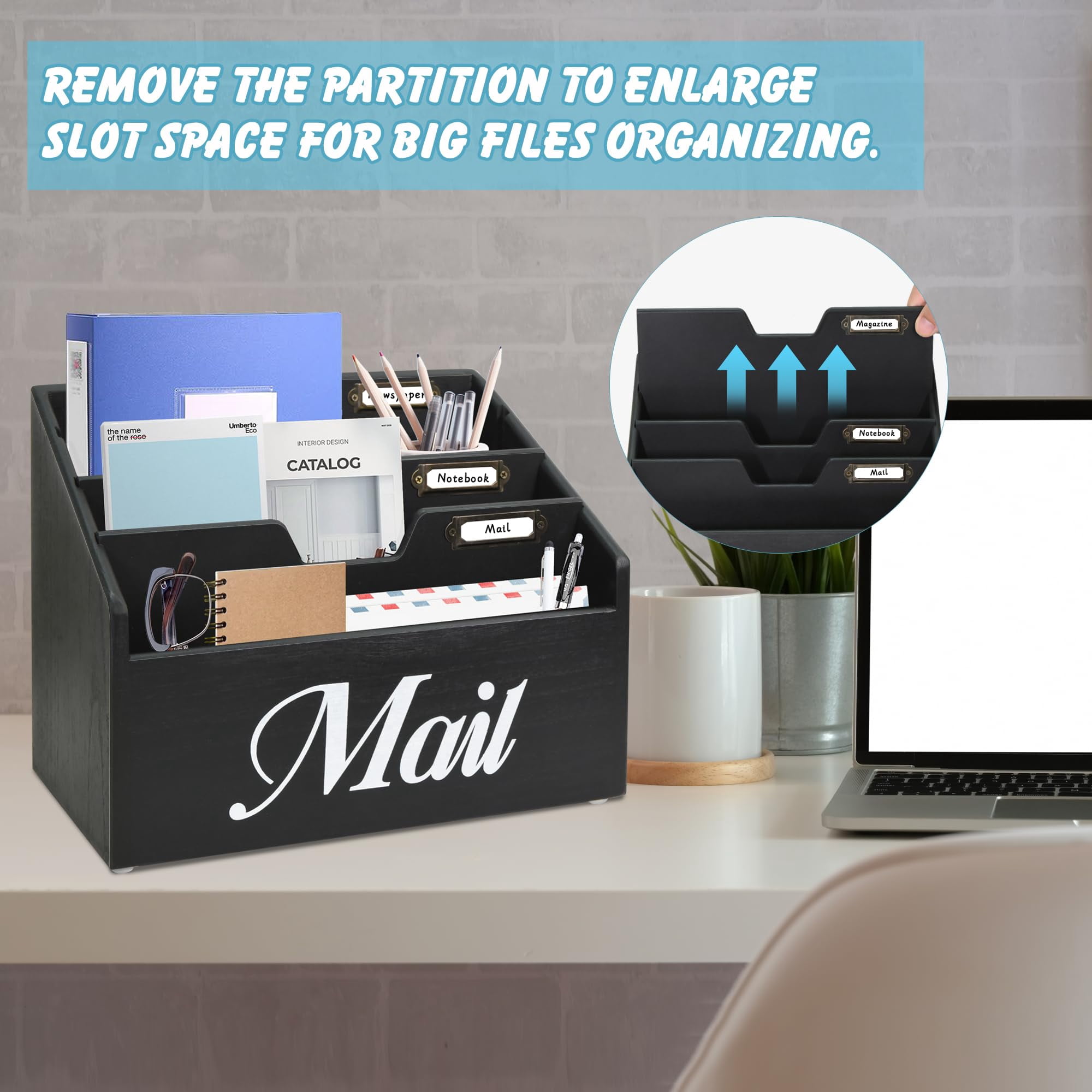 Rustic Mail Organizer for Desk, Mail Holder File Organizer Wall Mount, Office Accessories Mail Organizer Countertop with Removable Partitions, Desk Organizer for File Paper Folder, Black