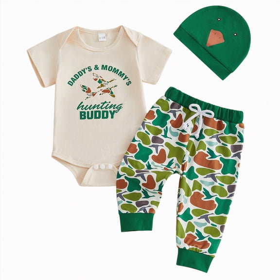 UngA Baby Boy Summer Clothes Daddy's & Mommy's Hunting Buddy Outfits Short Sleeve Romper Camouflage Pants Hat Set (Beige,9-12 Months)