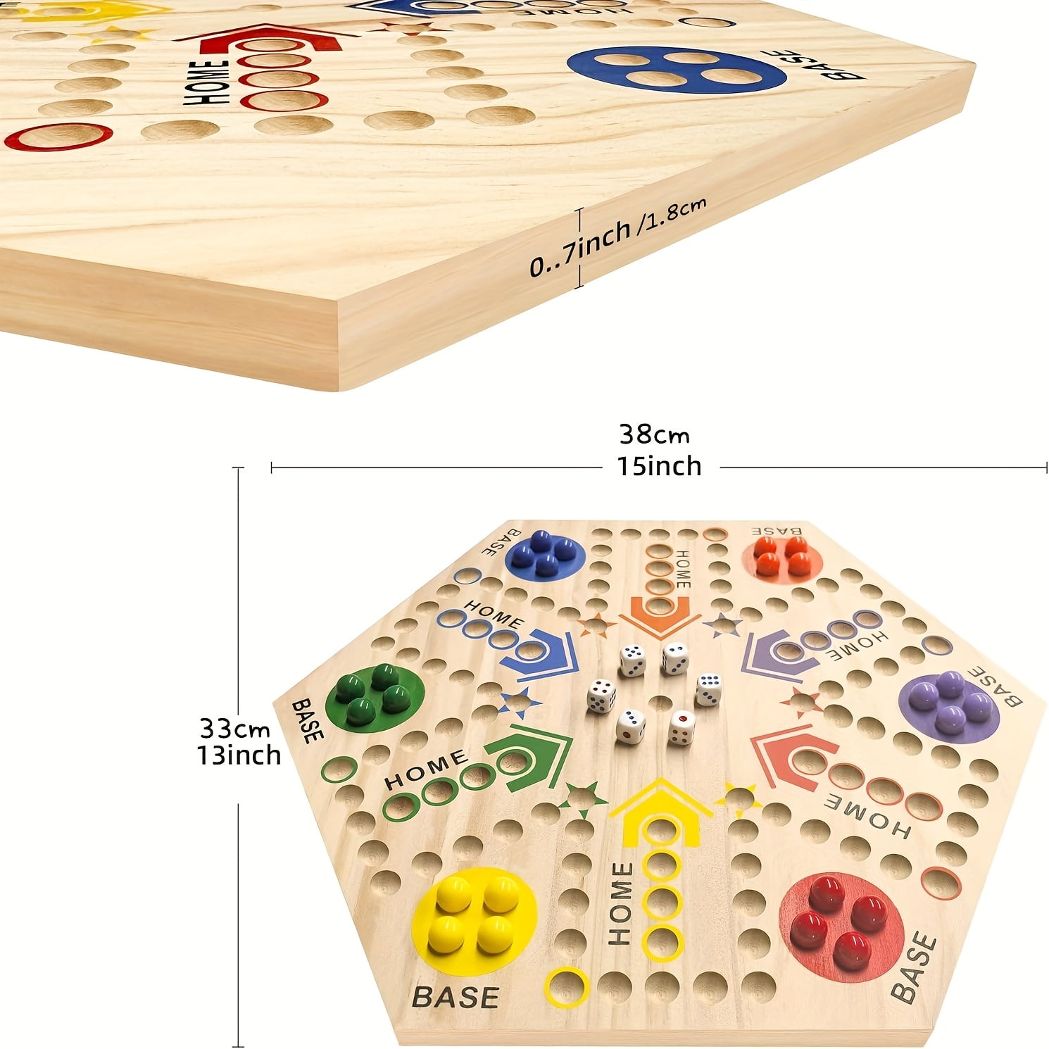 Wooden Fast Track Board Game for 4-6 People, Original Marble Game Wahoo Board Game, 15 Inch Double-sided Board, 2-6 Player Fast Track Game, 6 Colors 24 Marbles 6 Dice, Interactive Family Board Game