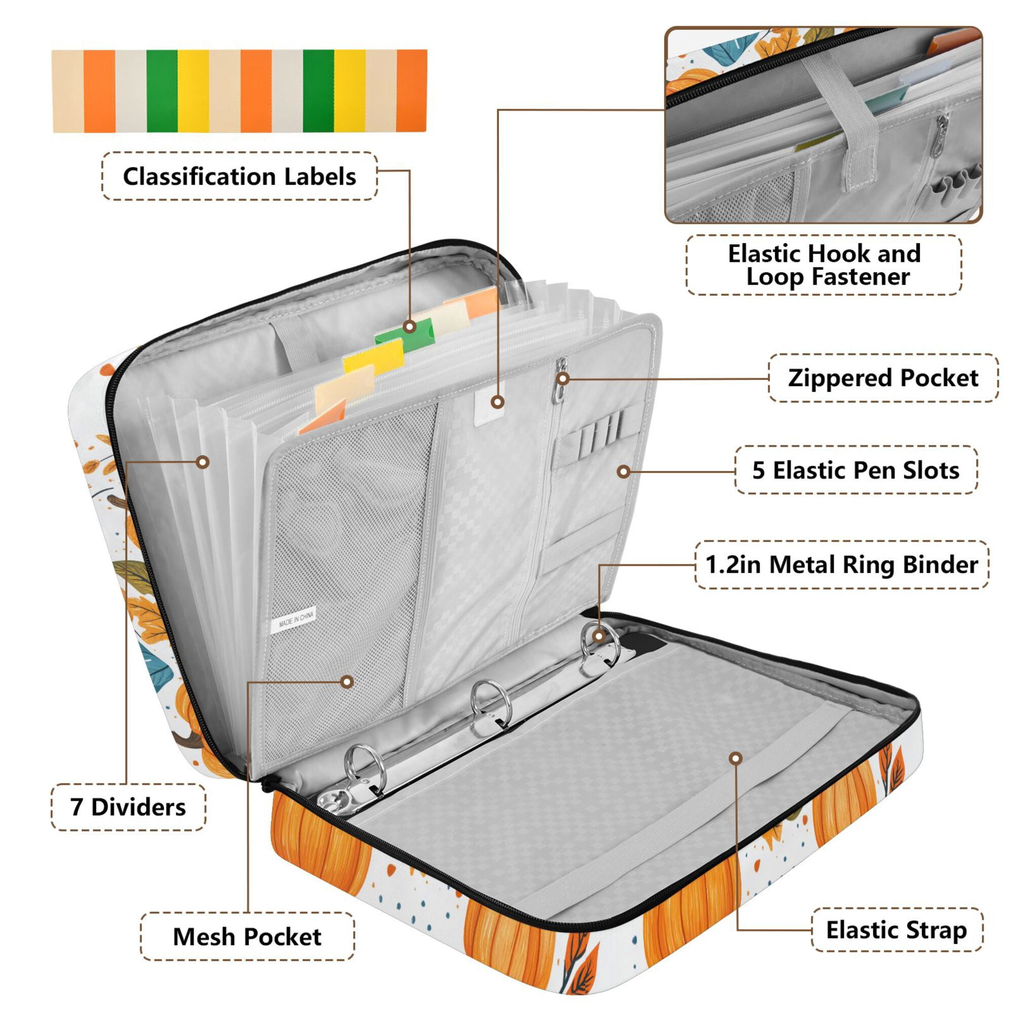 FORMRS Accordion File Folder A4 Size 7-Pocket Expanding Document Organizer Bag with 3 Ring Binder, Pumpkins Pattern