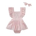 thumbnail image 1 of goowrom Daisy Print Square Collar Ruffle Fly Sleeve Baby Romper with Headband, 1 of 10