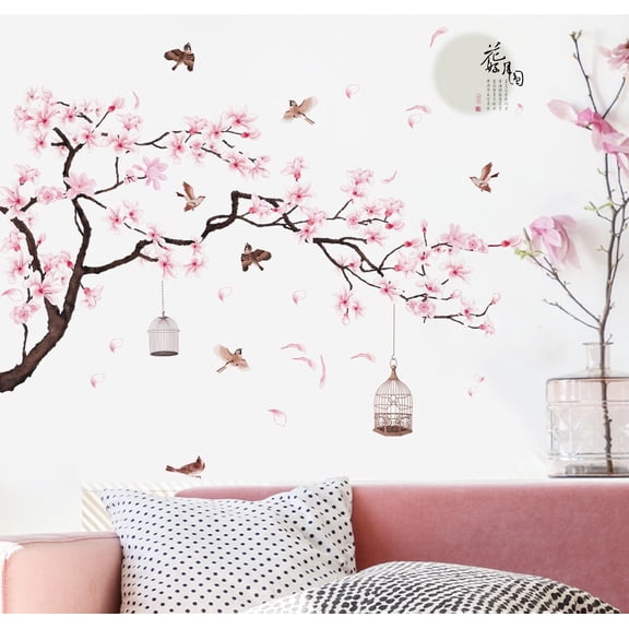 Cherry Blossom Branch Wall Stickers Decals plant wall decals Peel and Stick Bedroom Living Room Flower murals DIY Removable tree Walls décor Floral Bird Furniture Art Removable Nursery Baby