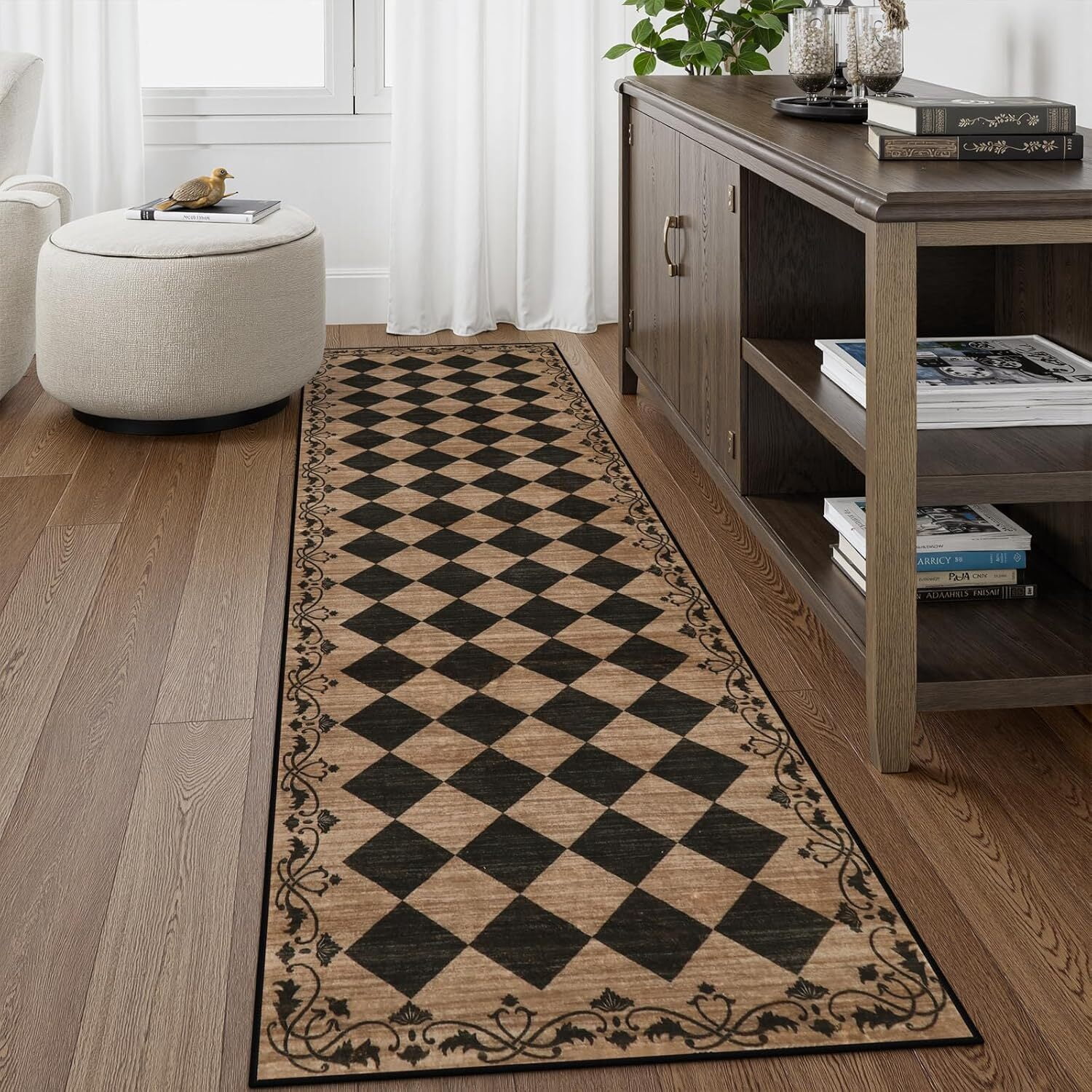 RUG ROBOT 2.5' x 8' Runner Rug for Hallway, Non Slip Washable Checkered Rug for Kitchen, Brown Neutral Bathroom Home Decor Plaid Diamond Low Pile Print Carpet for Entryway Bedroom Laundry