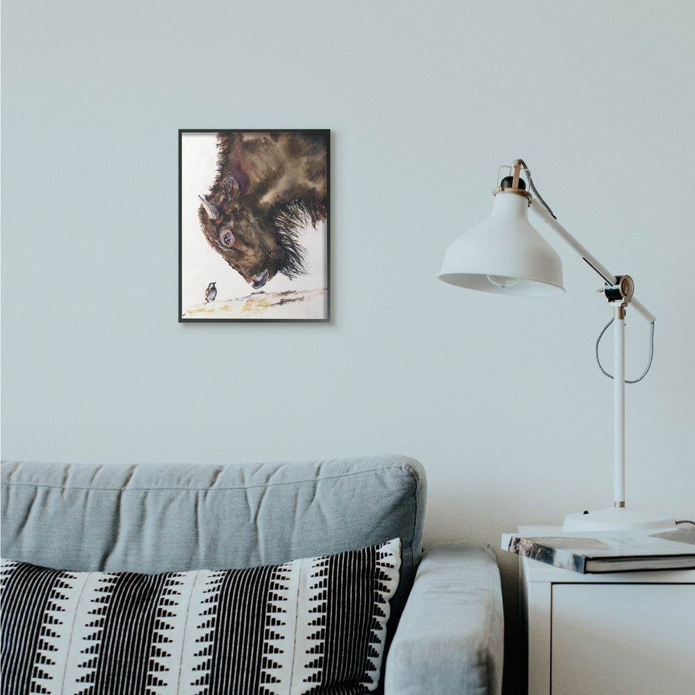 Stupell Industries Bird And Large Buffalo Animal Watercolor Painting Framed Giclee Texturized Art by George Dyachenko