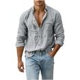 thumbnail image 5 of LEKWK Casual Button Down Shirts for men Long Sleeve Cotton Linen Textured Beach Tops with Chest Pocket Regular Fit Lightweight Summer Vacation Holiday Daily Wear Gray XXL, 5 of 8