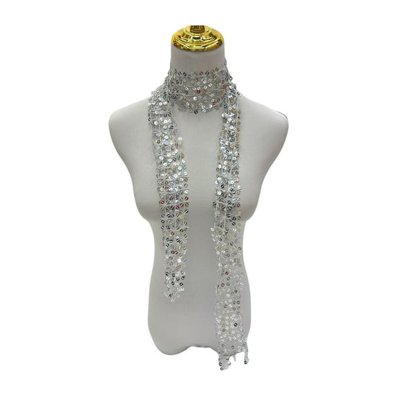 Xinwanna Women Scarf Shiny Sequin Flower Shape Hollow Design Scarf Glitter Embellished Thin Scarf Fashion Accessory (White)
