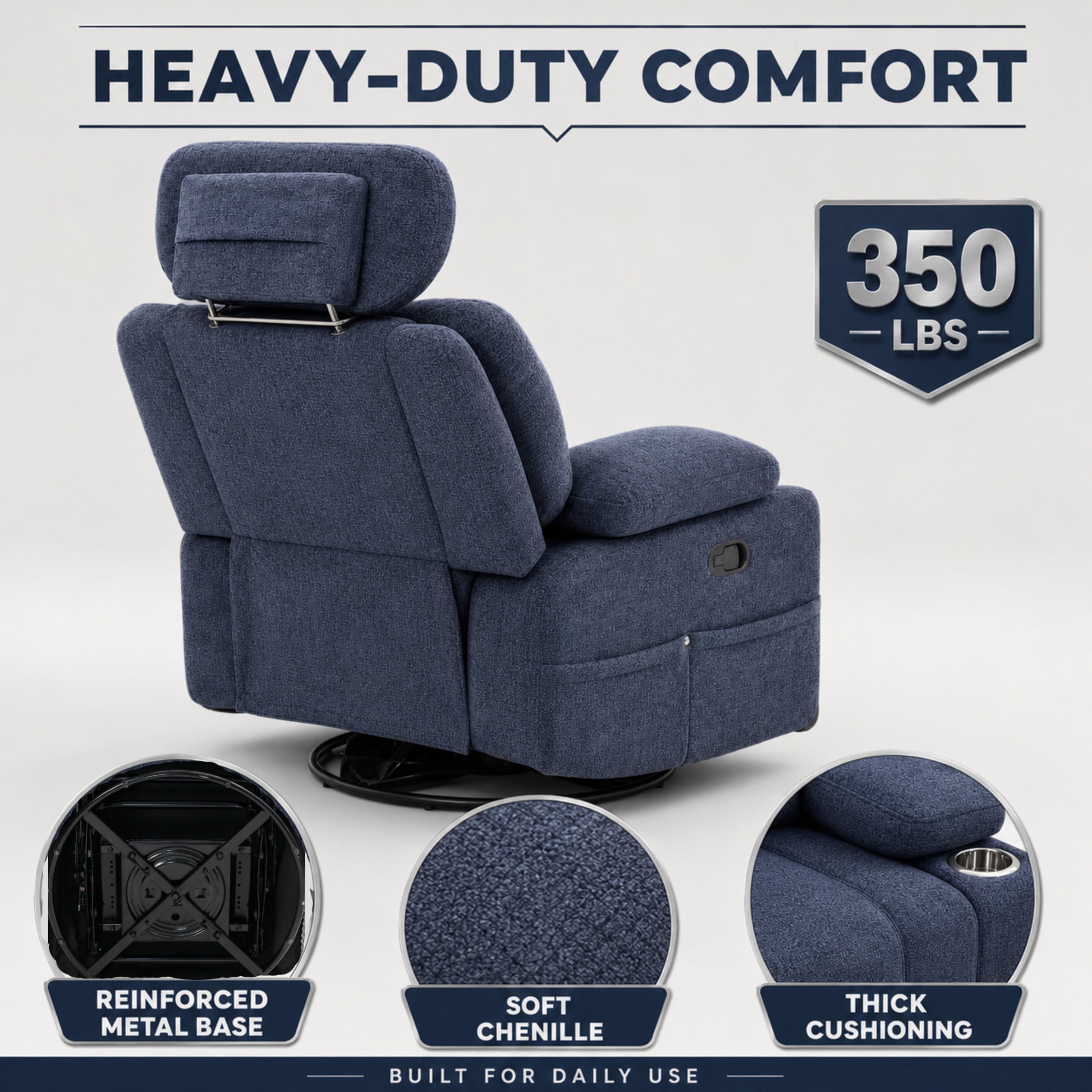 GDF Studio Turden 360° Swivel Manual Rocking Recliner with Detachable Neck Pillow, Versatile Lounge Chair, Blue