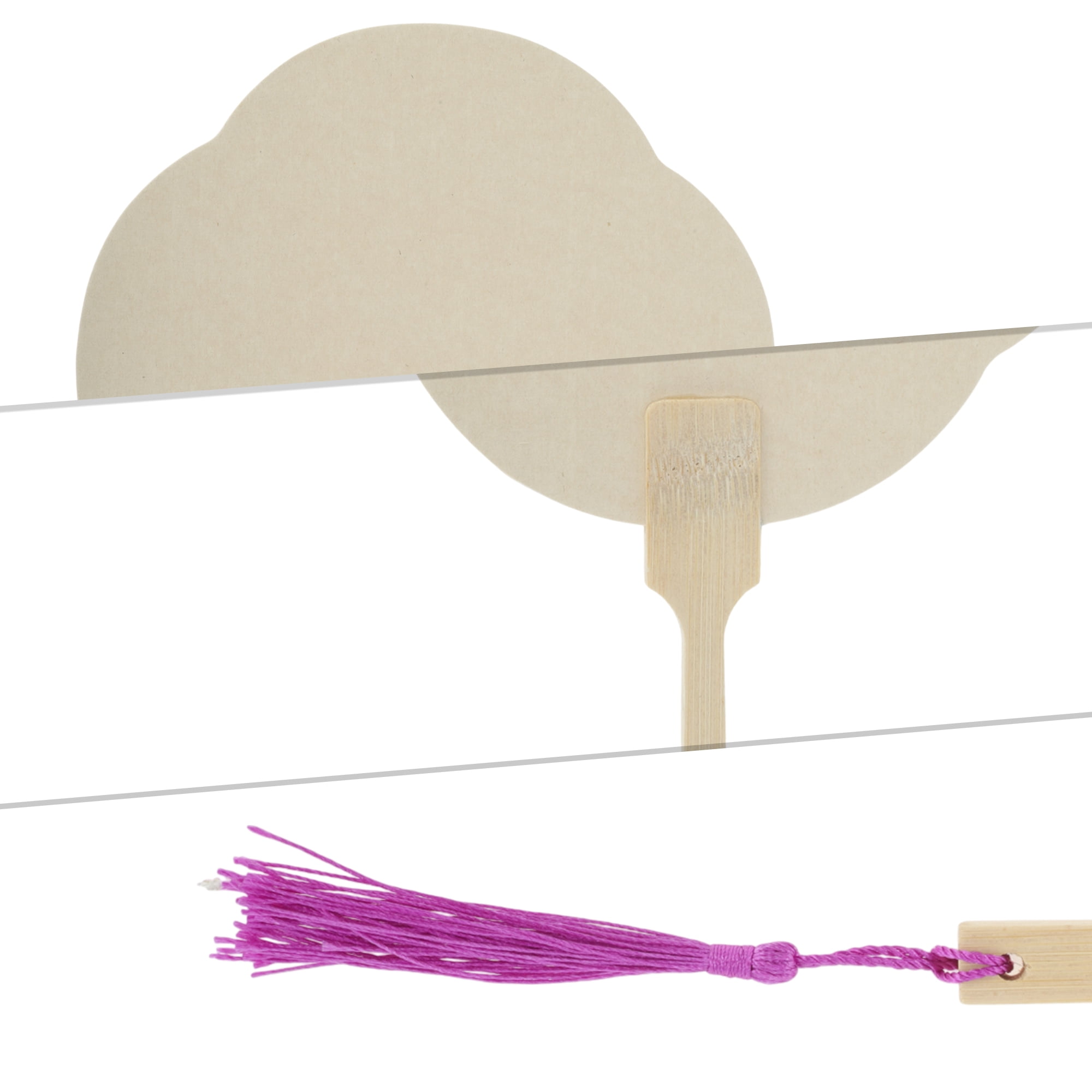 Unique Bargains Folding Fan 1 Pc Beige Long Handle Round Four-Petal