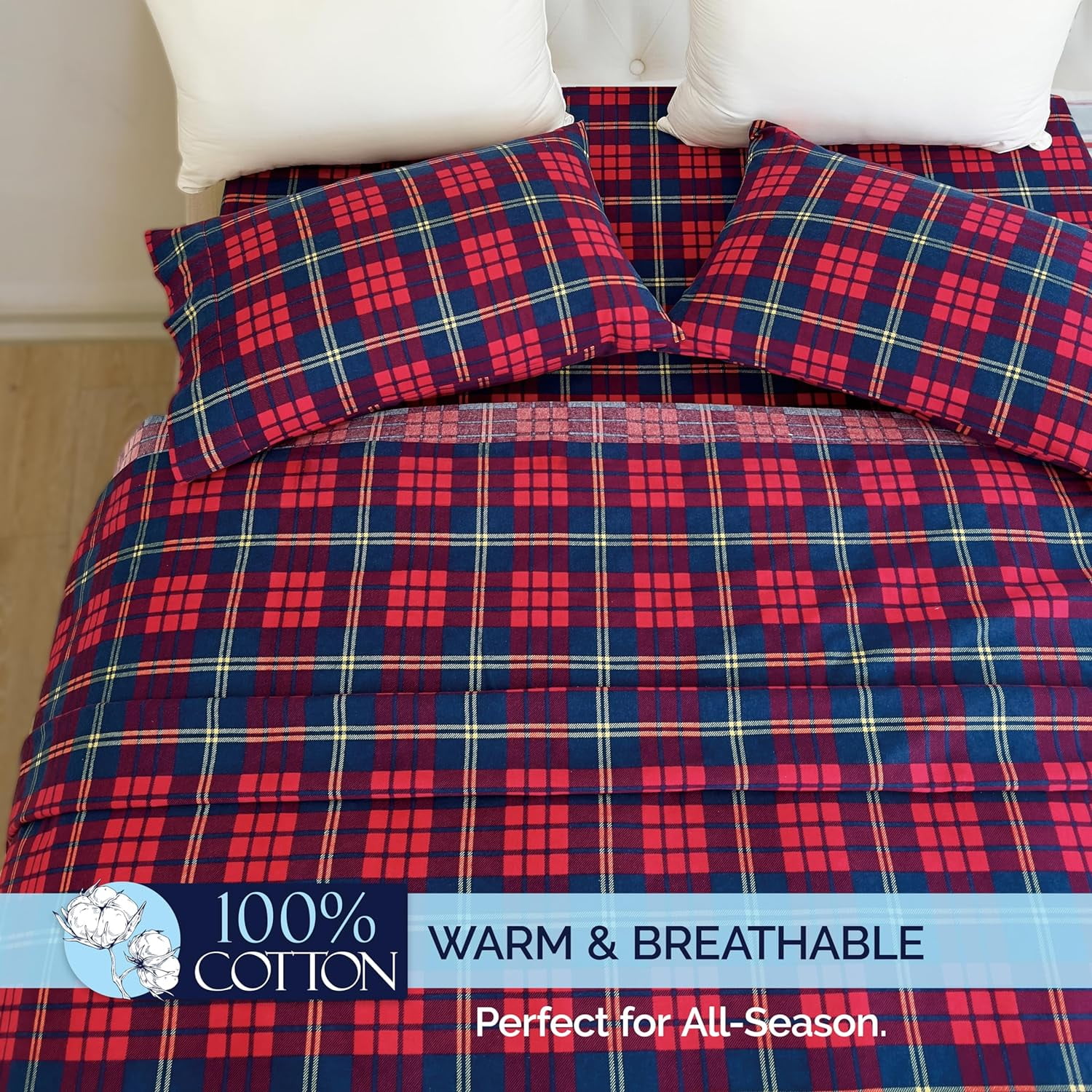Elegant Comfort Soft 4-Piece Cotton Flannel Sheet Set -Deep Pocket Fitted Sheet, Flannel Sheets - Twin, Plaid-Red/Navy