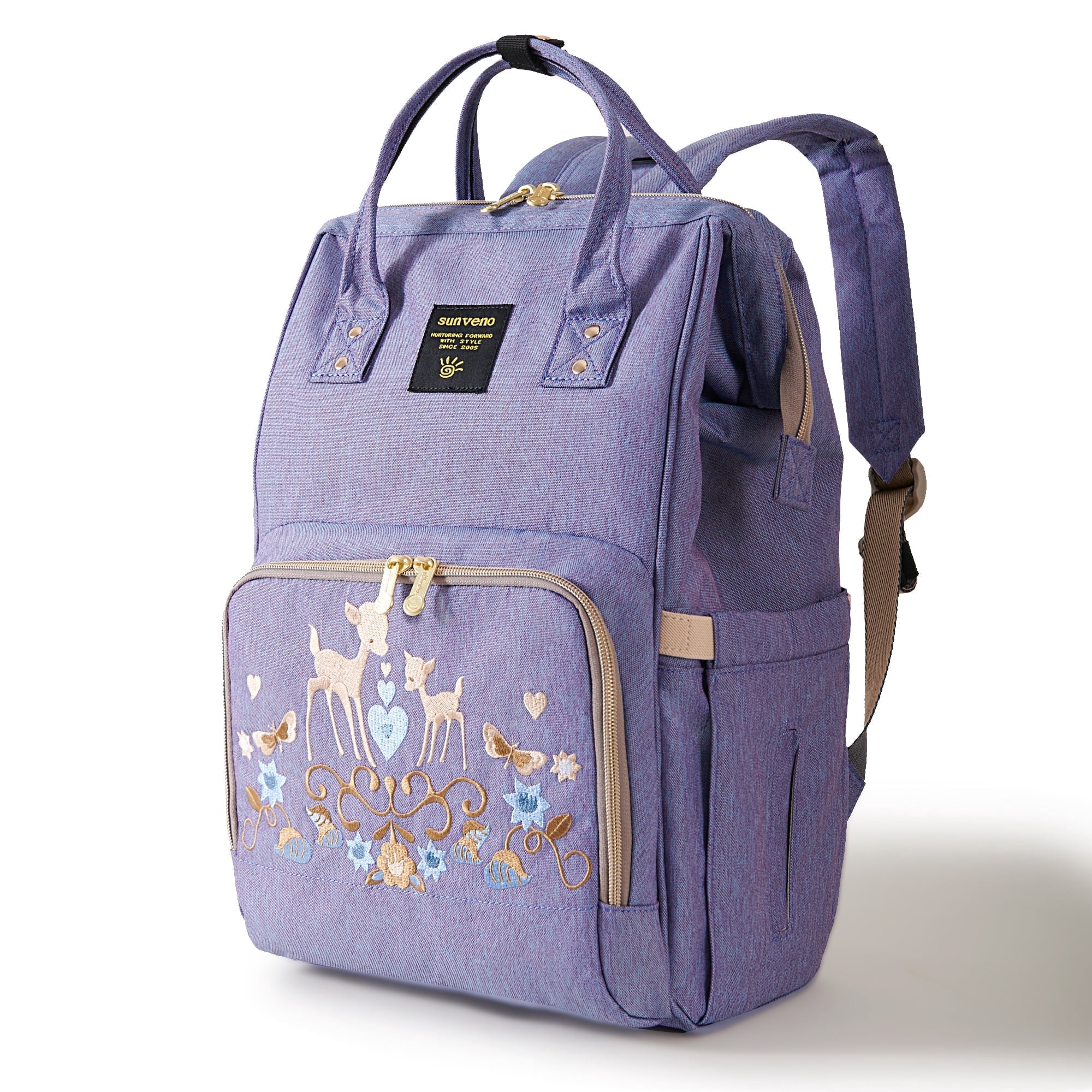 Sunveno Embroidered Backpack Diaper Bag Travel Backpack, Purple Deer