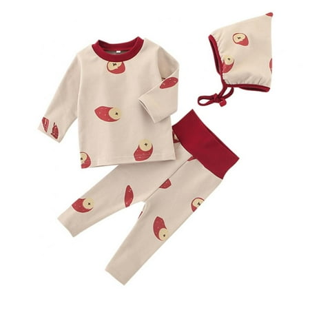 

Toddler Baby Boys Girls Pajama Set Kids Underwear Long Sleeve T-Shirt +High Waist Leggings +Hat Sleepwear Set for Daily Life Style 1--5Y