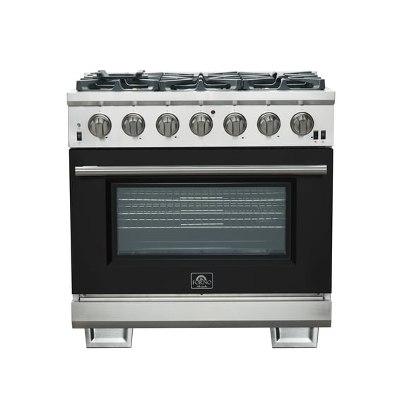 Forno Capriasca 36-Inch Gas Range, Stainless Steel, 6 Brass Burners, 120,000 BTU, Convection Oven, Energy Efficient, Black door