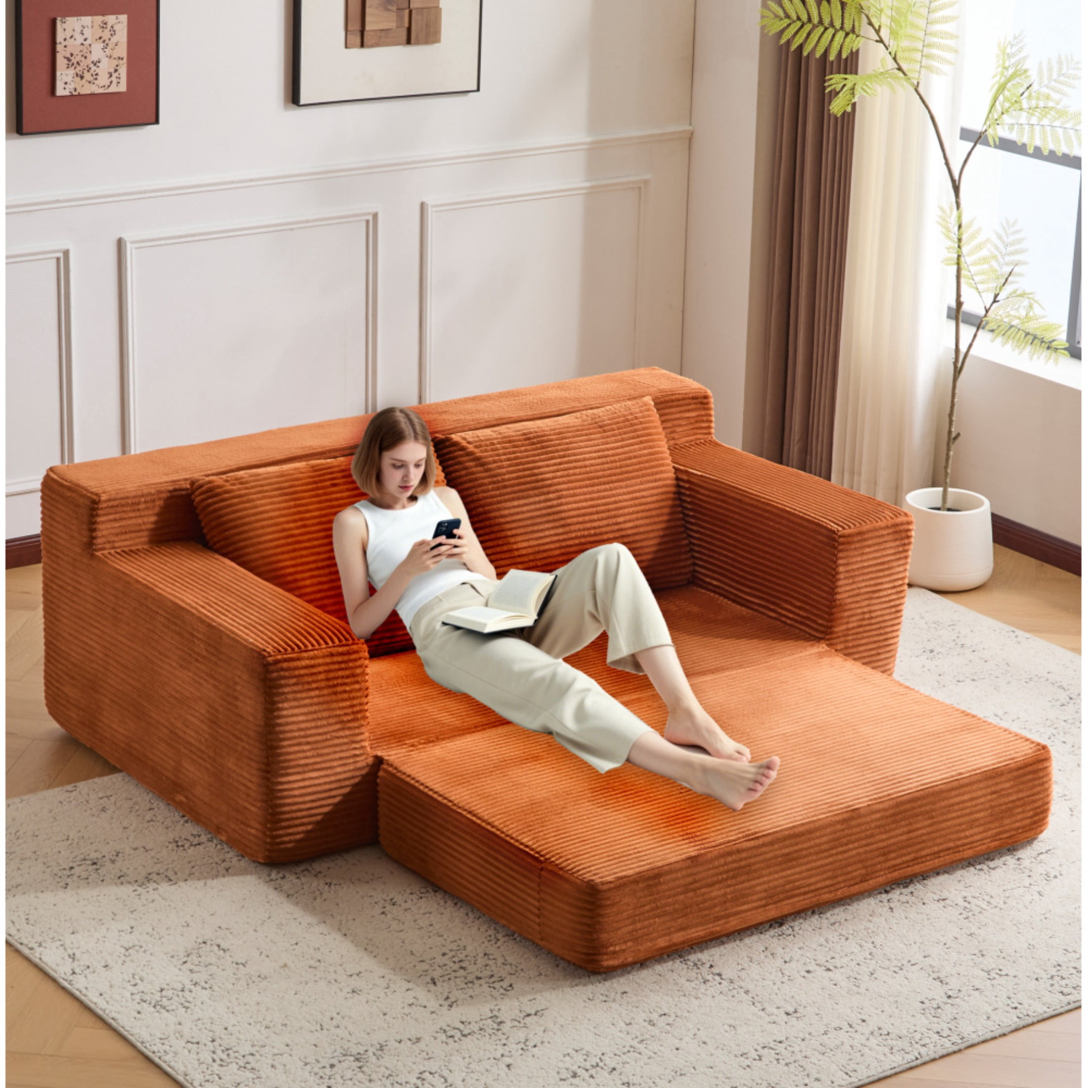 SOULART 71.65" Loveseat Sofa, Orange Corduroy Deep Seat Couch, Reversible Cushion with Pillows, No Assembly Required