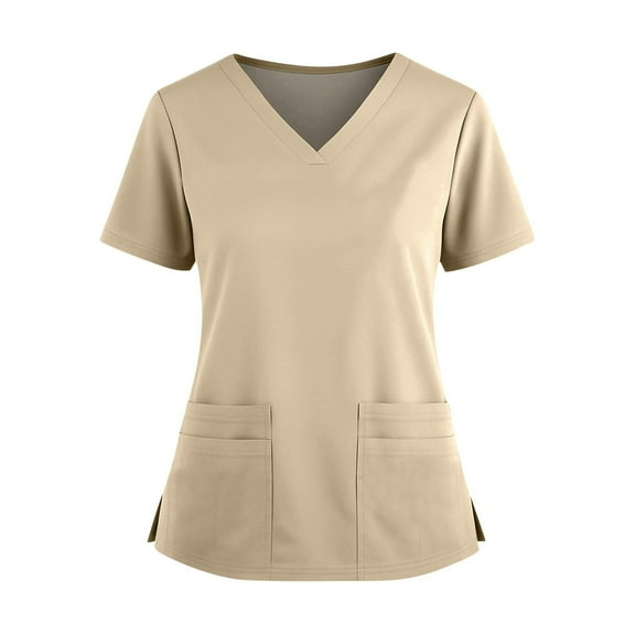 Women's Workwear Scrub Suit V-Neck Short Sleeve Pockets Quick-Dry Polyester Top Pants Set for Healthcare Professionals, Nurses, 4-Season Comfort Beige L