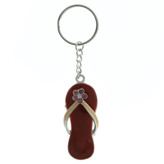 Rhinestone Flower Accented Red Flip-Flop Shaped Split-Ring-Keychain
