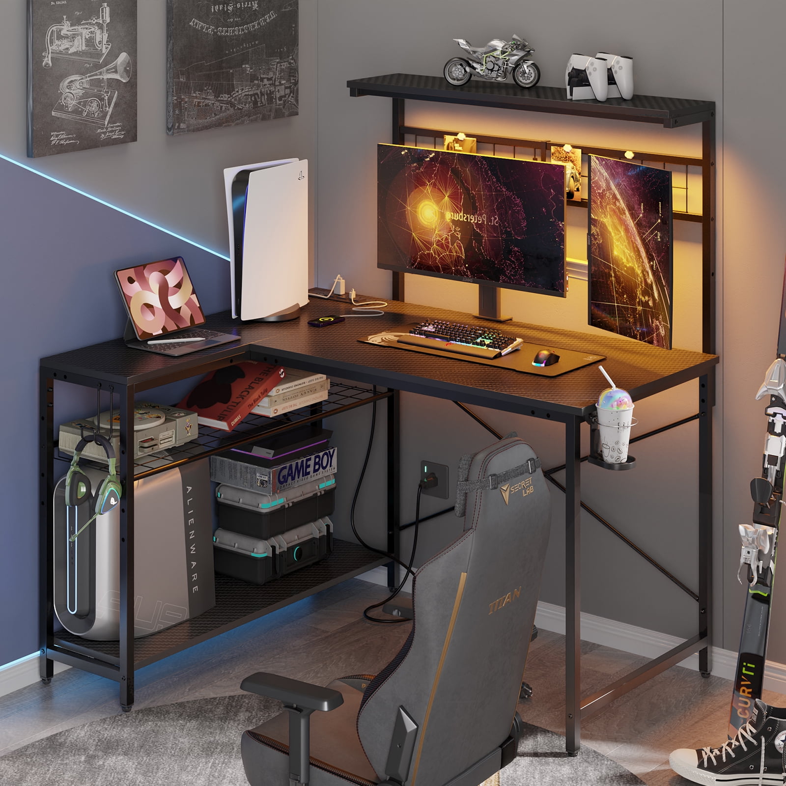 Bestier 51-Inch L-Shaped Gaming Desk with Power Outlets, LED Workstation, 4-Tier Shelves, Carbon Fiber Finish
