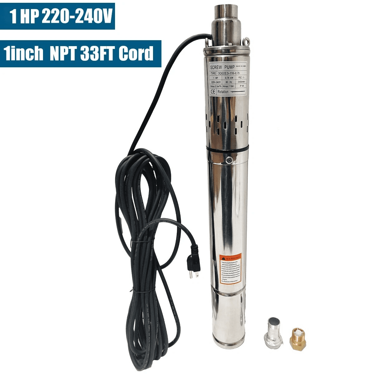 iMeshbean 1HP 3"OD Deep Well Submersible Pump Screw Water Pump 220V-240V 380FT Hmax 10GPM 33ft Cord